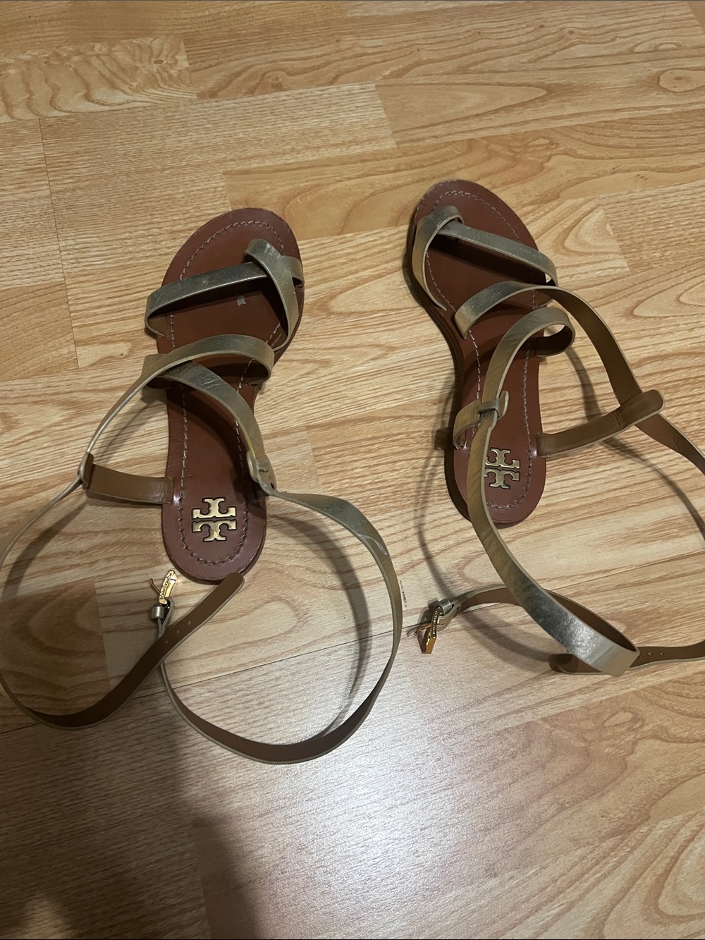 Tory Burch Metallic Gold and Brown Leather Ankle-Strap Sandals